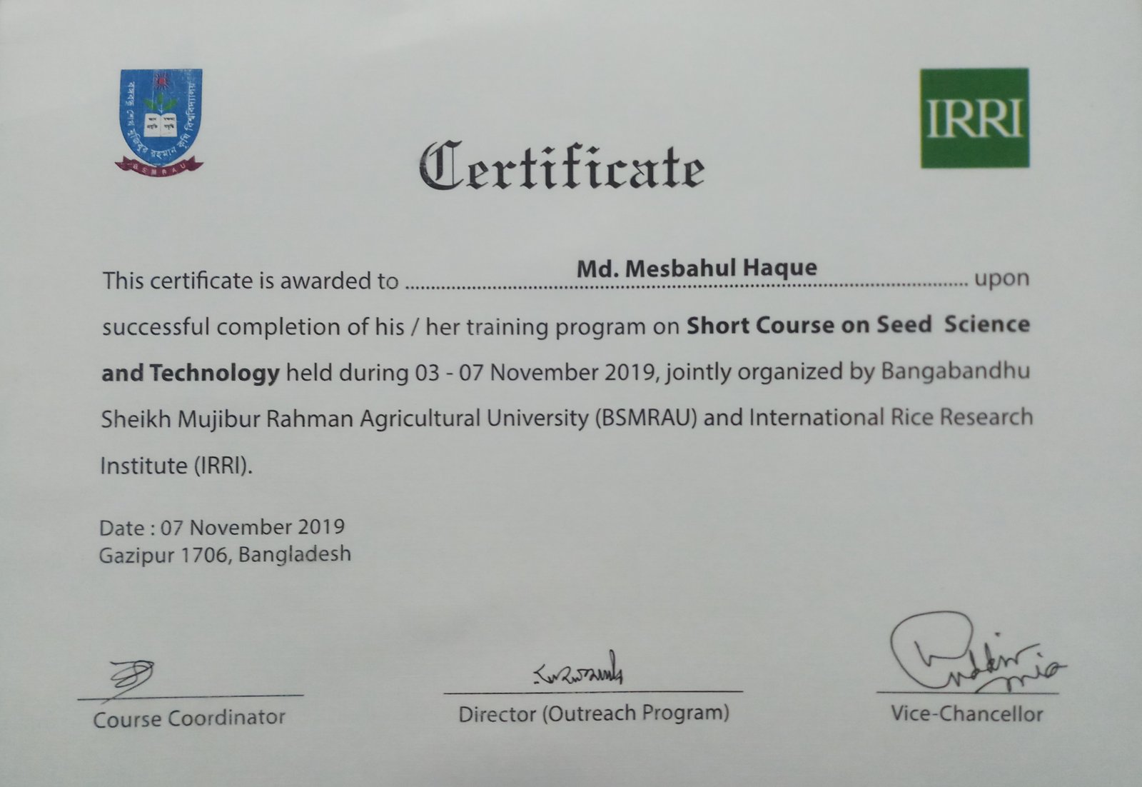 IBO BSMRAU Short Course Certificate